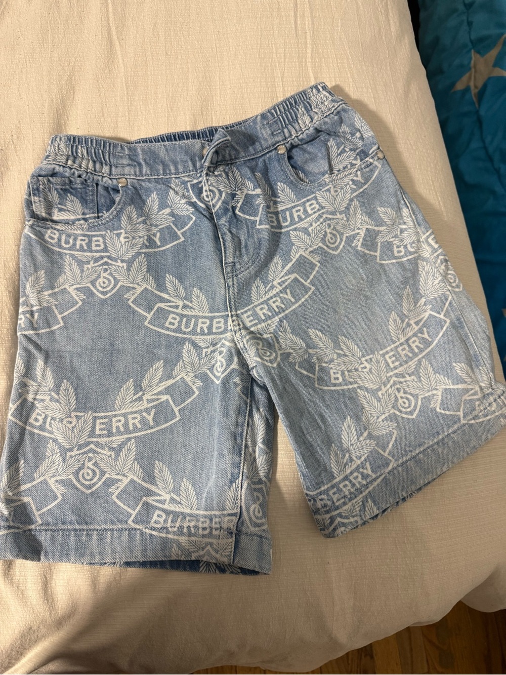 Burberry Light Blue Denim Logo-Print Kids Shorts